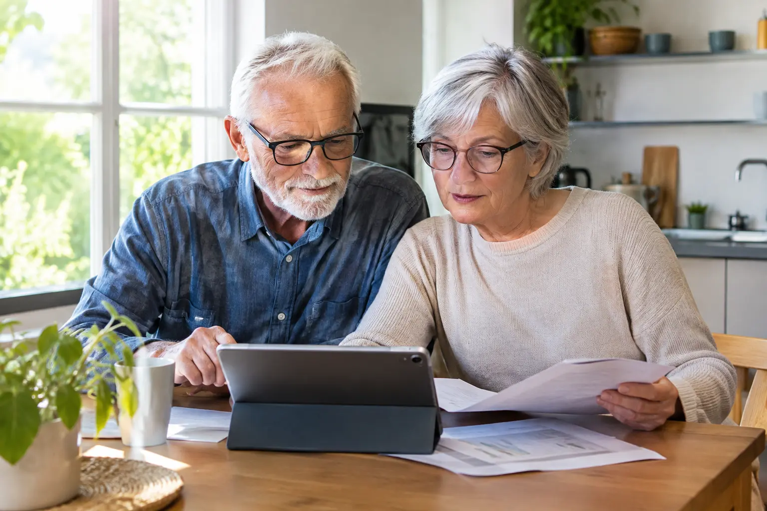 Couple de retraités assis à la table de leur cuisine consultant une tablette et des documents avec leurs lunettes de lecture