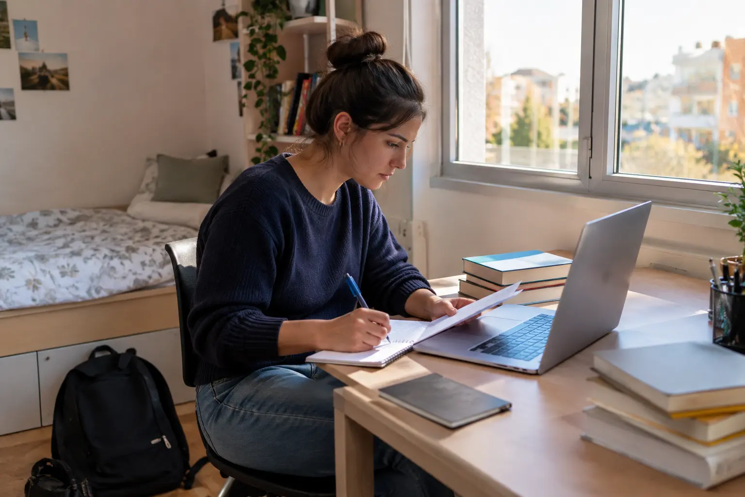 Étudiante prenant des notes à son bureau devant un ordinateur portable dans une chambre d'étudiant lumineuse