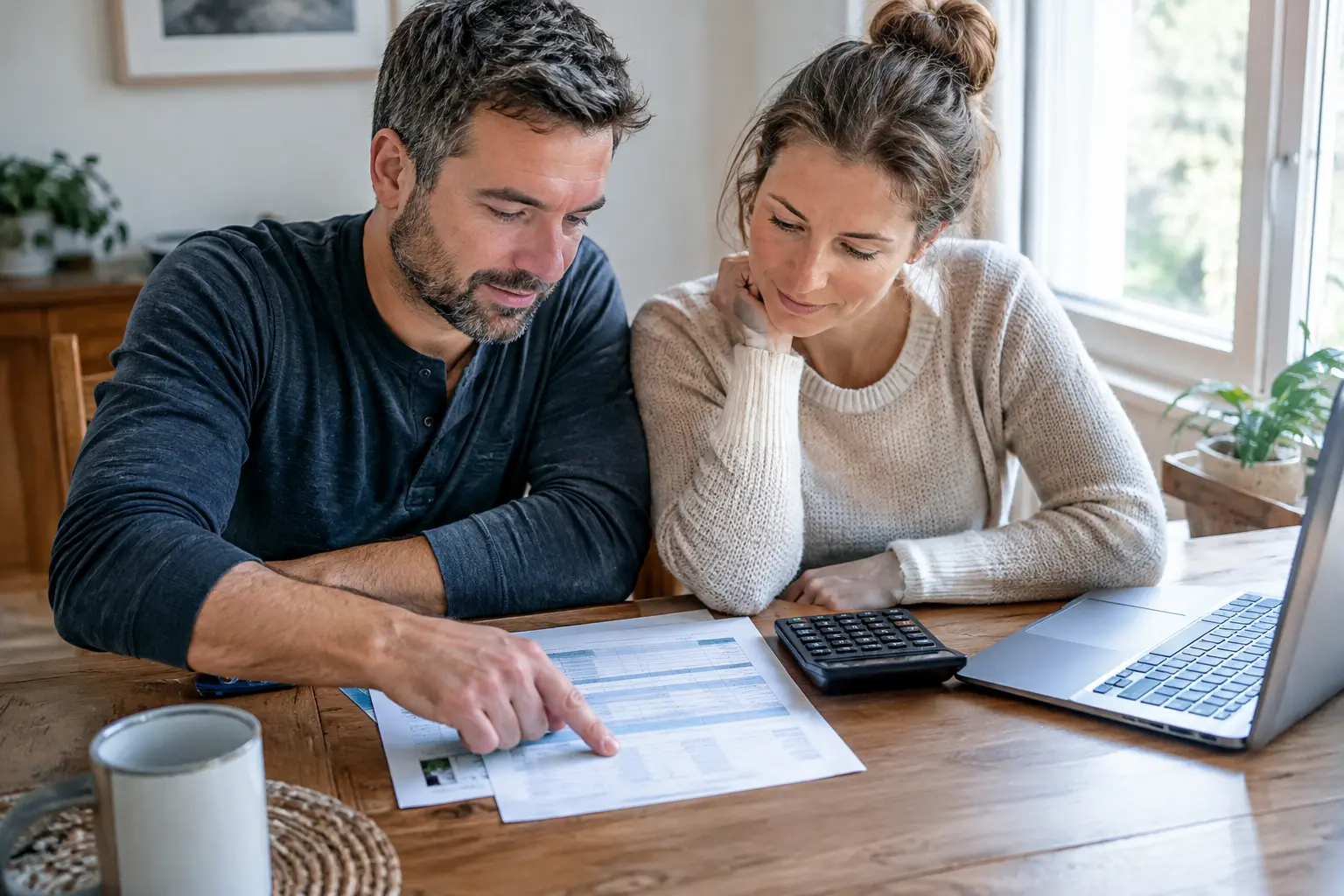 Couple assis à la table de la salle à manger étudiant un échéancier de prêt avec une calculatrice et un ordinateur portable