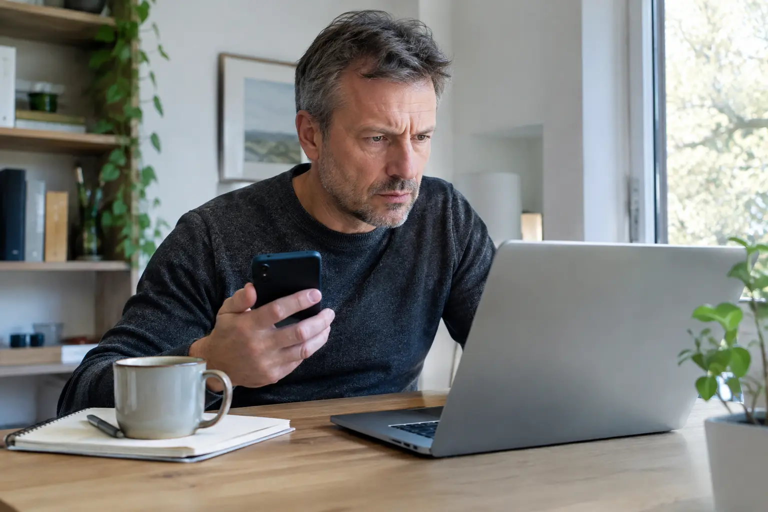 Homme méfiant assis à son bureau, smartphone en main, vérifiant une information sur son ordinateur portable